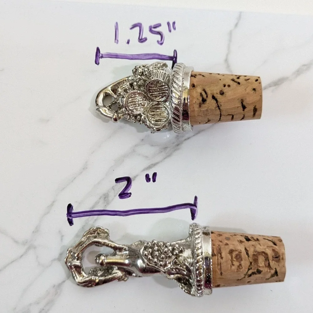 VTG Style Silver Wine Stoppers Set of 2 Grapes Barrel Bottle Cork Vineyard Decor